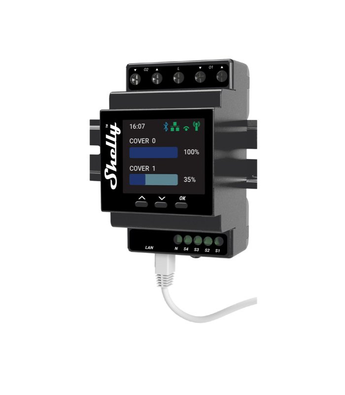 image-Shelly Pro Dual Cover Shutter PM - modul na DIN lištu na ovládanie 2 motorov (LAN, WiFi, Bluetooth)